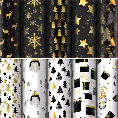 картинка Бумага упаковочная новогодняя "Black.Gold.White" 70*100см, 10 дизайнов ассорти ЗОЛОТАЯ СКАЗКА 592052 от магазина FiestaGift
