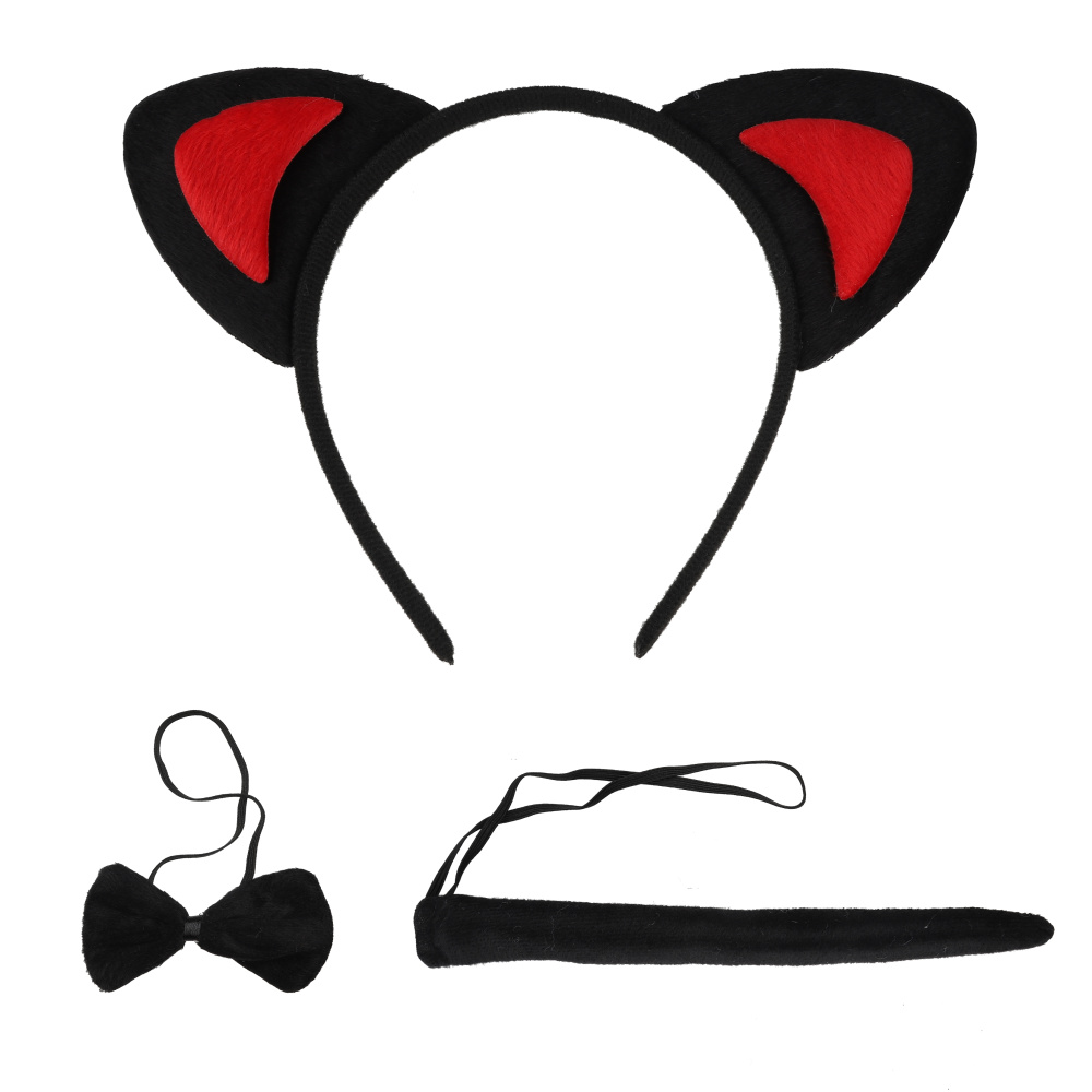 картинка Набор (ушки, бантик, хвостик), Котик, Черный/Красный, 1 шт. от магазина FiestaGift