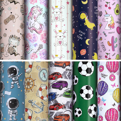 картинка Бумага упаковочная мелованная "For Kids" 70x100см, 10 дизайнов ассорти, ЗОЛОТАЯ СКАЗКА, 591918 от магазина FiestaGift