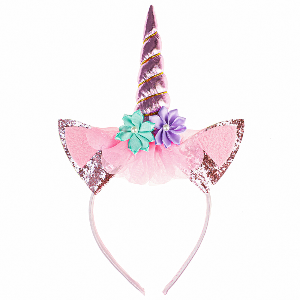 картинка Ободок, Цветочный единорог, Розовый, с блестками, 1 шт. от магазина FiestaGift