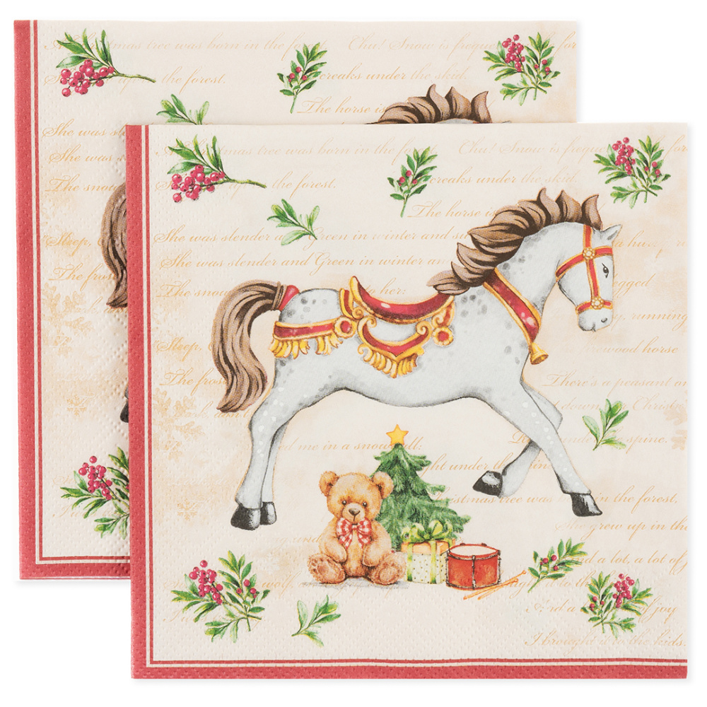картинка Сервировочные салфетки, Новогодняя лошадка, Кремовый, 33*33 см, 20 шт. от магазина FiestaGift
