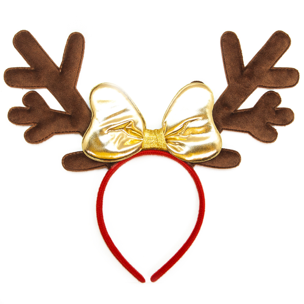 картинка Ободок, Оленьи рожки с бантиком, Коричневый/Золото, 1 шт. от магазина FiestaGift