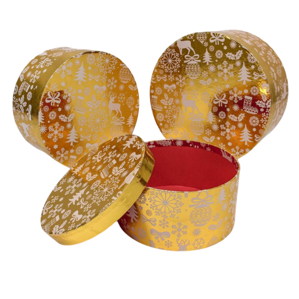 картинка Коробки Круглые Набор 1/3 25,5*11,5 "Новогодний" Золотой 1/12 от магазина FiestaGift.ru