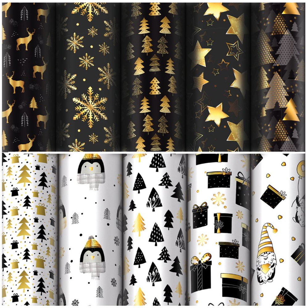 картинка Бумага упаковочная новогодняя "Black.Gold.White" 70*100см, 10 дизайнов ассорти ЗОЛОТАЯ СКАЗКА 592052 от магазина FiestaGift
