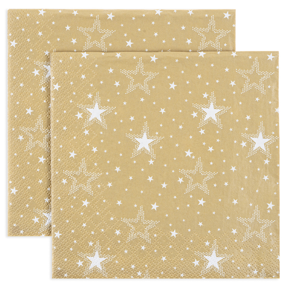 картинка Сервировочные салфетки, Белые звезды, Золото, 33*33 см, 20 шт. от магазина FiestaGift