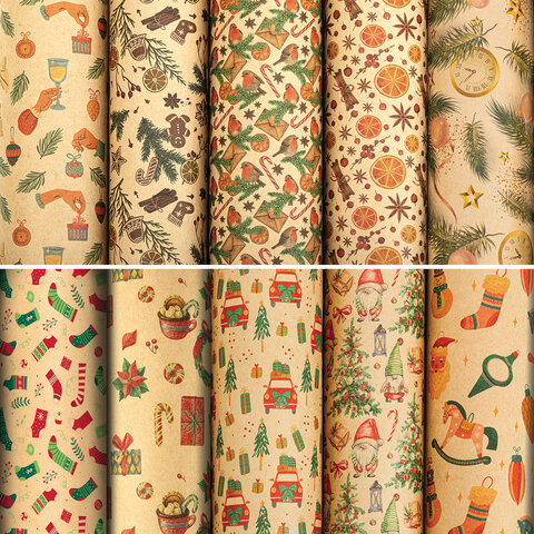 картинка Бумага упаковочная новогодняя "Christmas Kraft" 70*100см, 10 дизайнов ассорти, ЗОЛОТАЯ СКАЗКА 592053 от магазина FiestaGift