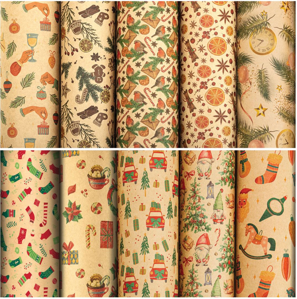 картинка Бумага упаковочная новогодняя "Christmas Kraft" 70*100см, 10 дизайнов ассорти, ЗОЛОТАЯ СКАЗКА 592053 от магазина FiestaGift