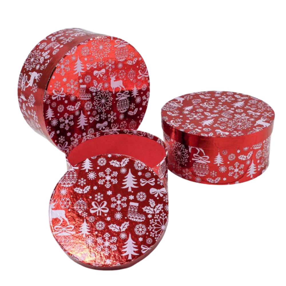картинка Коробки Круглые Набор 1/3 25,5*11,5 "Новогодний" Красный 1/12 от магазина FiestaGift.ru