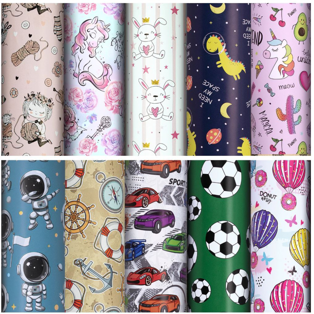 картинка Бумага упаковочная мелованная "For Kids" 70x100см, 10 дизайнов ассорти, ЗОЛОТАЯ СКАЗКА, 591918 от магазина FiestaGift