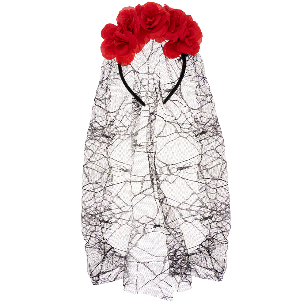 картинка Ободок, Цветы на Хэллоуин (с фатой), Черный/Красный, 1 шт. от магазина FiestaGift