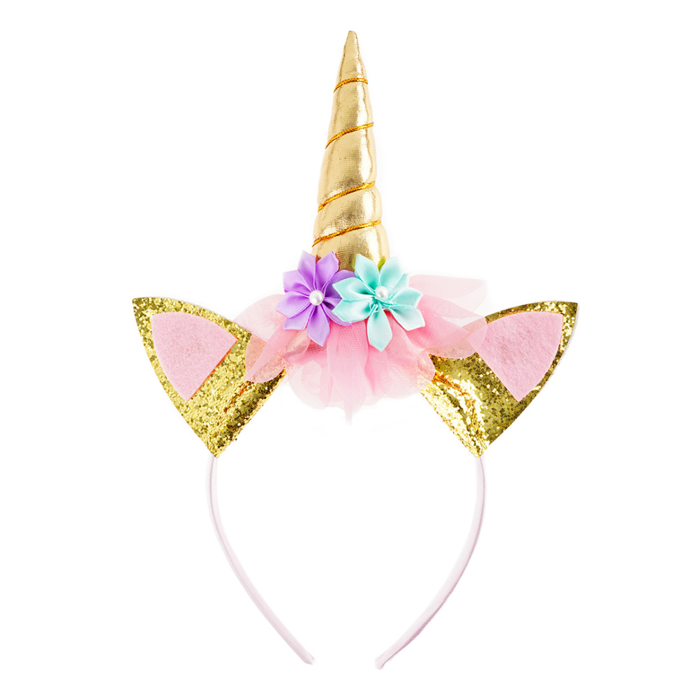 картинка Ободок, Цветочный единорог, Золото/Розовый, с блестками, 1 шт. от магазина FiestaGift