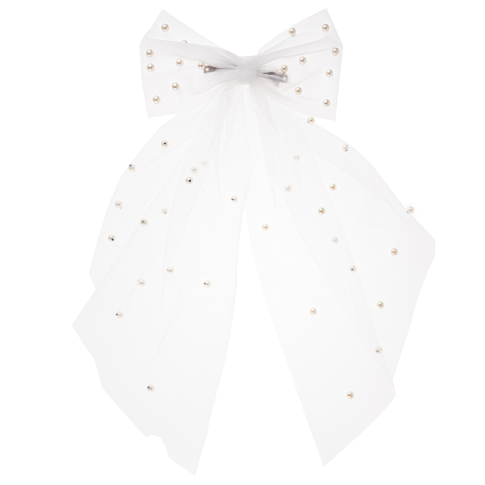 картинка Бант с бусинами на заколке, Белый, 40 см, 1 шт. от магазина FiestaGift