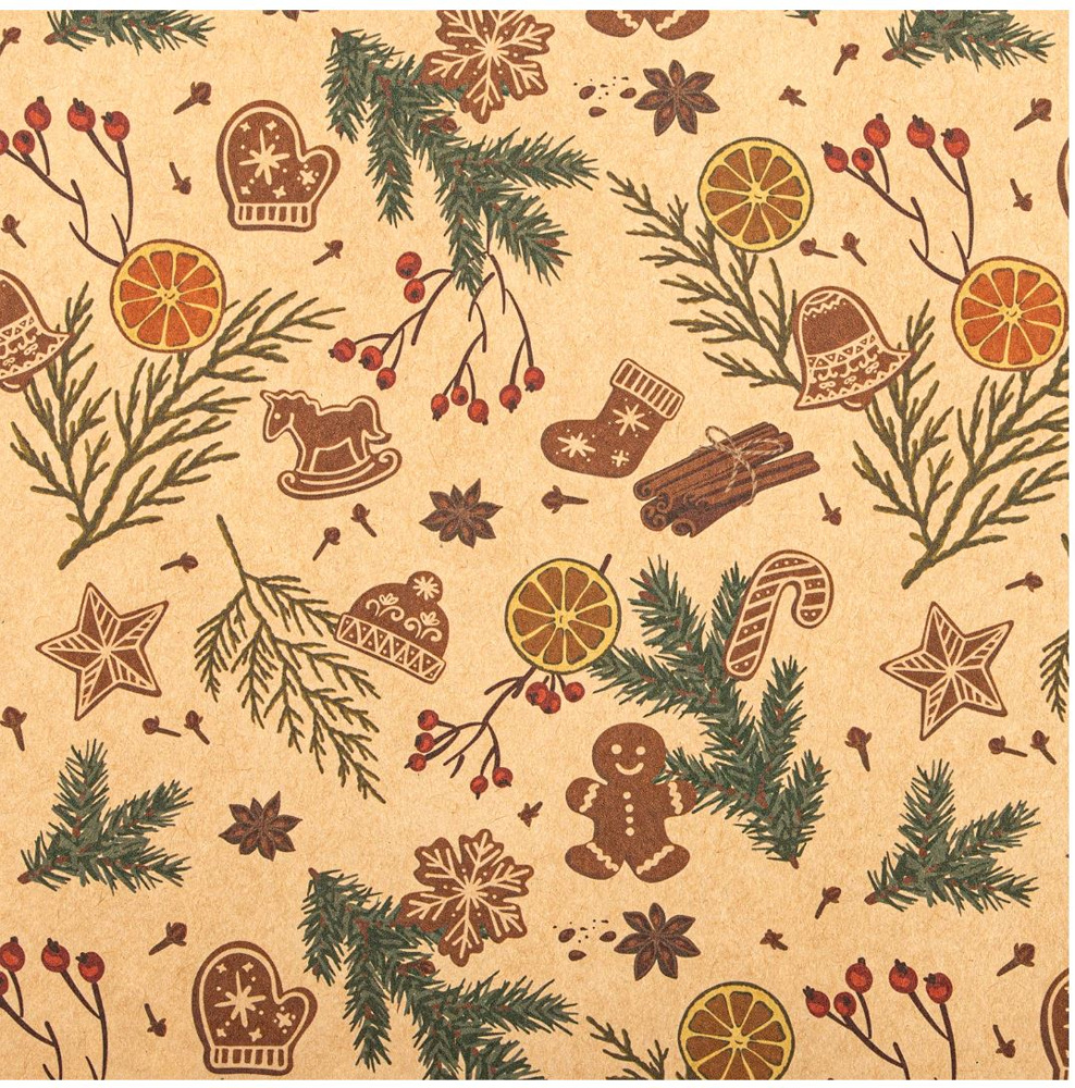 картинка Бумага упаковочная новогодняя "Christmas Kraft" 70*100см, 10 дизайнов ассорти, ЗОЛОТАЯ СКАЗКА 592053 от магазина FiestaGift