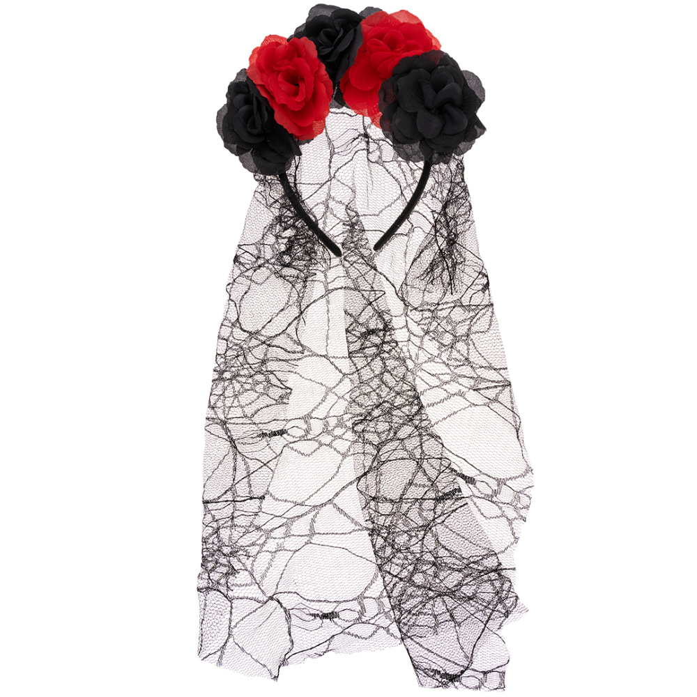 картинка Ободок, Цветы на Хэллоуин (с фатой), Красный/Черный, 1 шт. от магазина FiestaGift